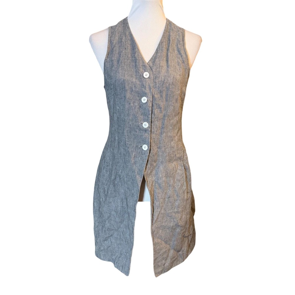 Hirsch Linen Longline Vest Women 8 Grey Vintage Cinch Back Sleeveless Jacket